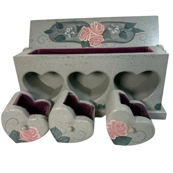 Vintage Painted Wood Jewelry Box Heart Drawers Roses Hummingbirds - Picture 5 of 10